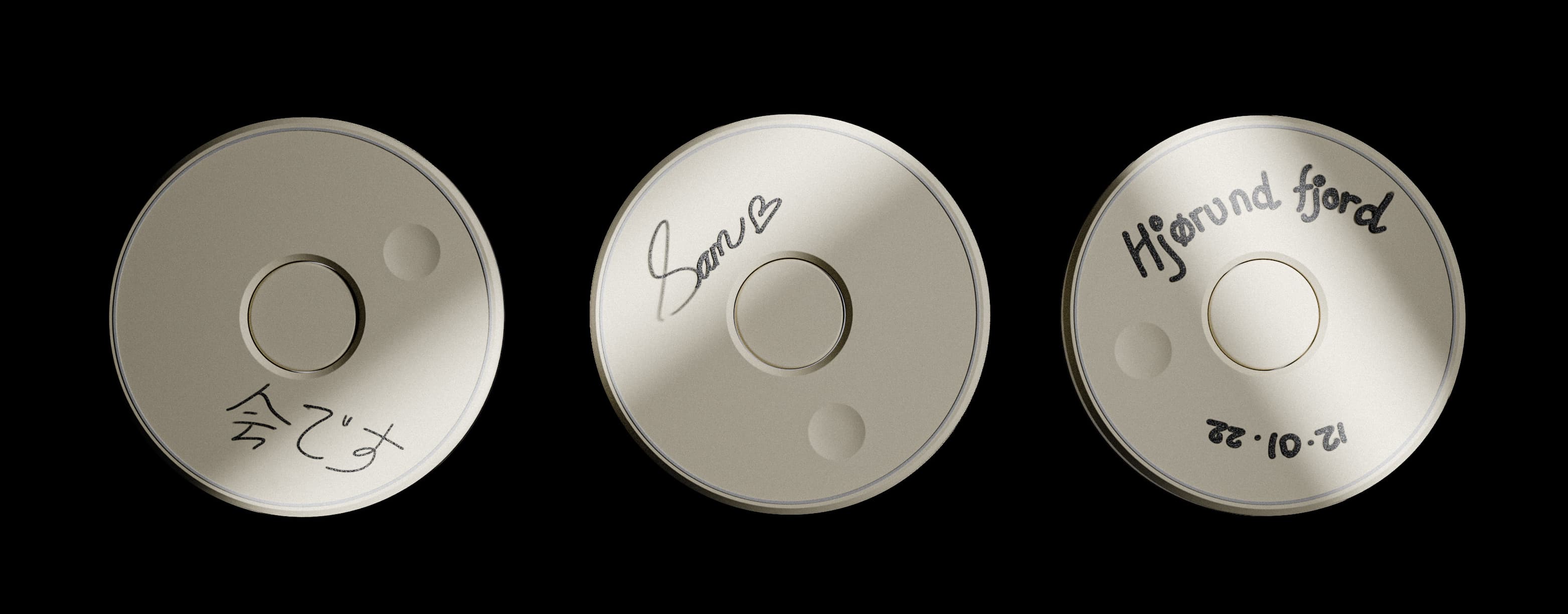 Memory discs marked with personal notes about recorded soundscapes