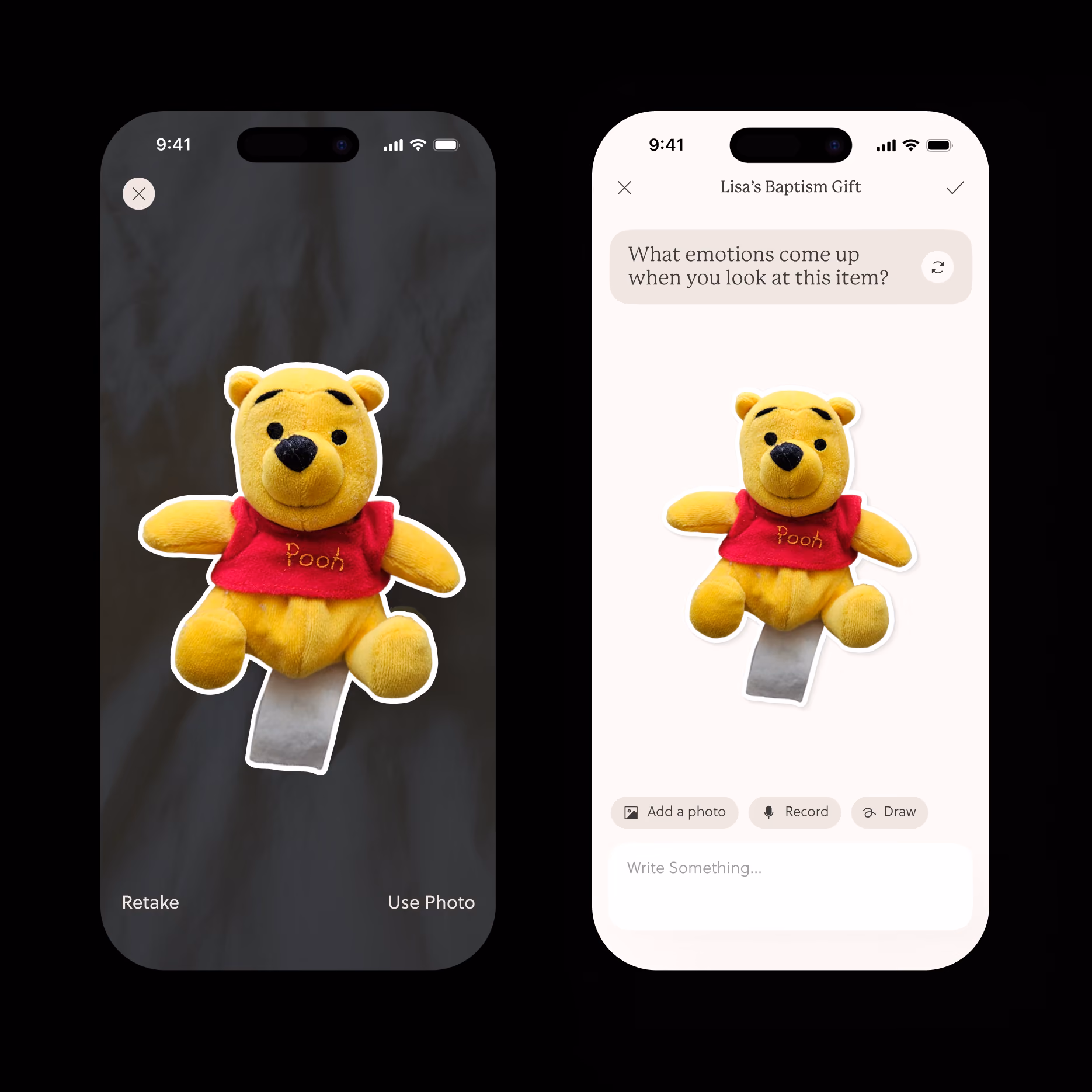 App screens for documenting an object and recording its story