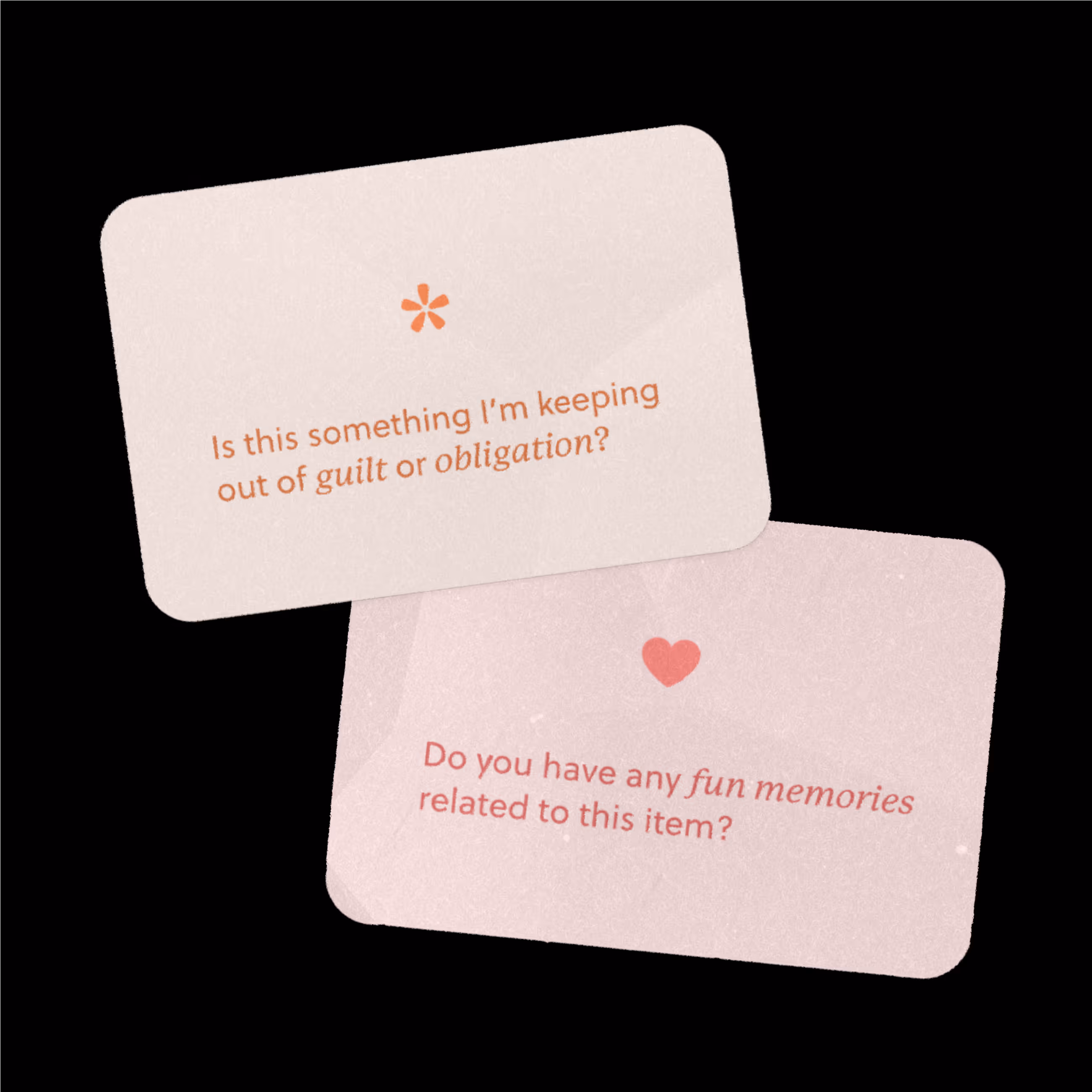 Reflection cards prompting decisions about sentimental belongings