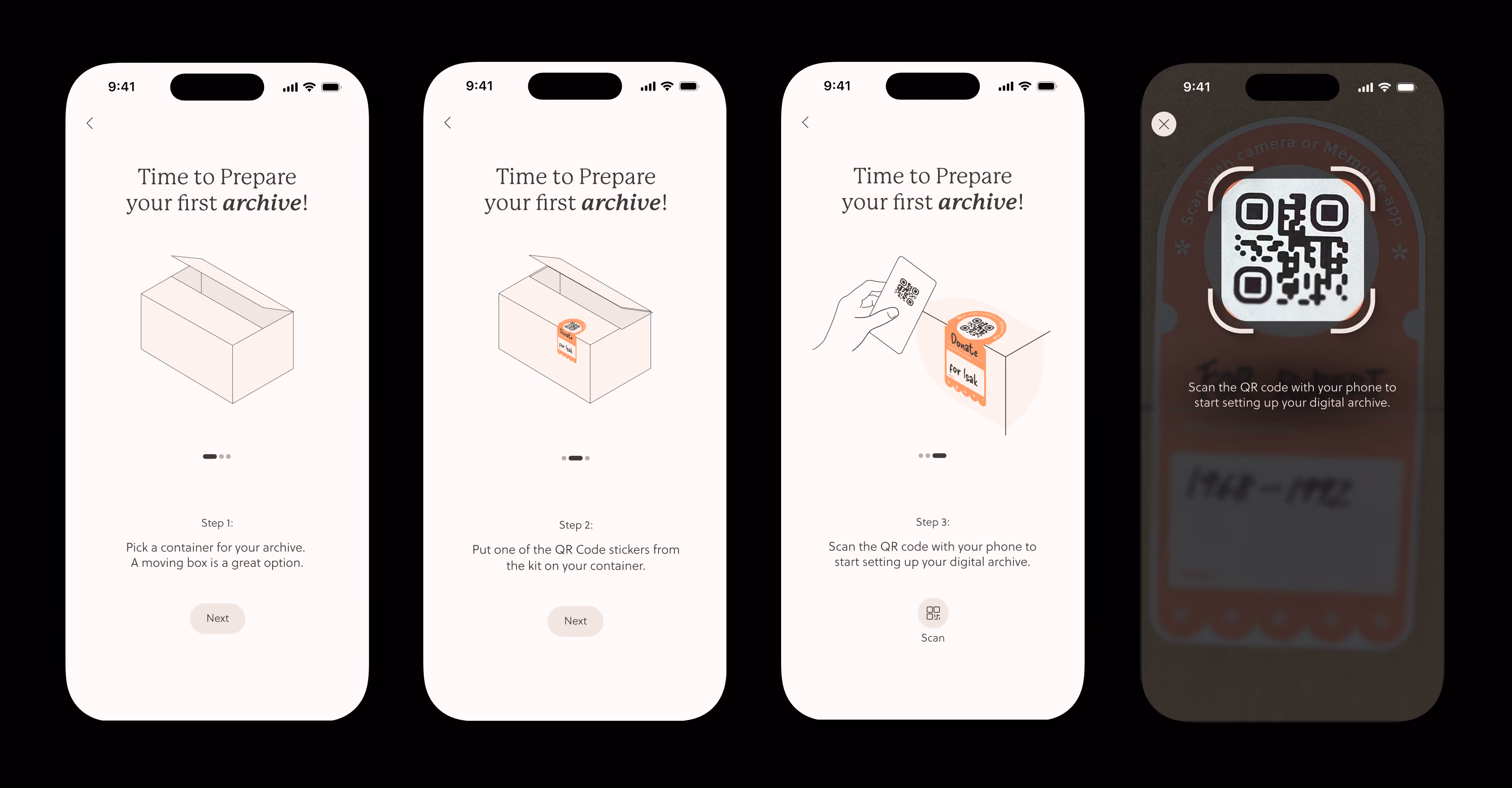 Four onboarding screens showing how to choose a container, attach a QR sticker and scan it to create an archive