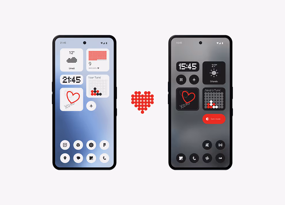 Two Nothing phones displaying a collection of shared widgets, with a red pixel heart between them.